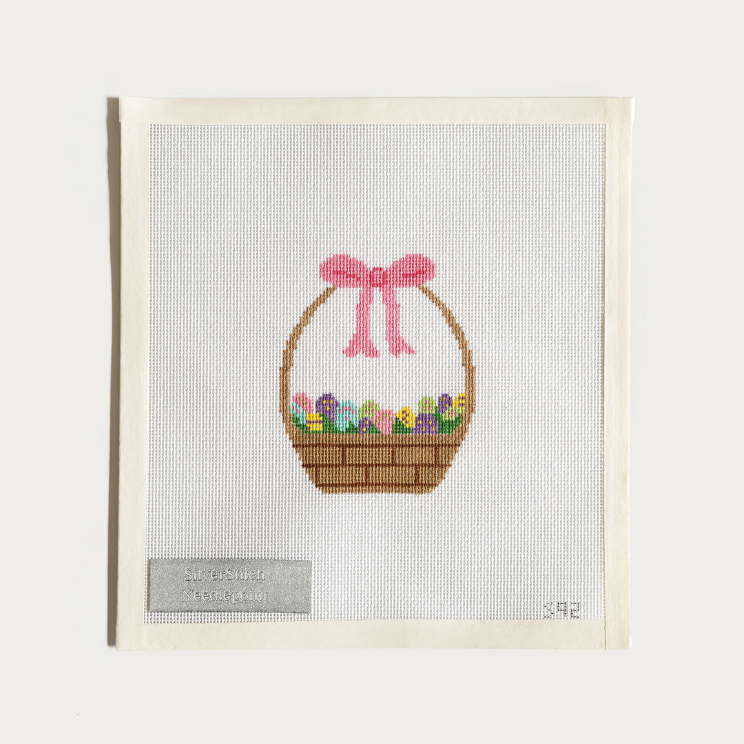 Hand-painted Easter Basket needlepoint canvas (3.5" x 4" on 18 mesh), featuring a festive spring design.