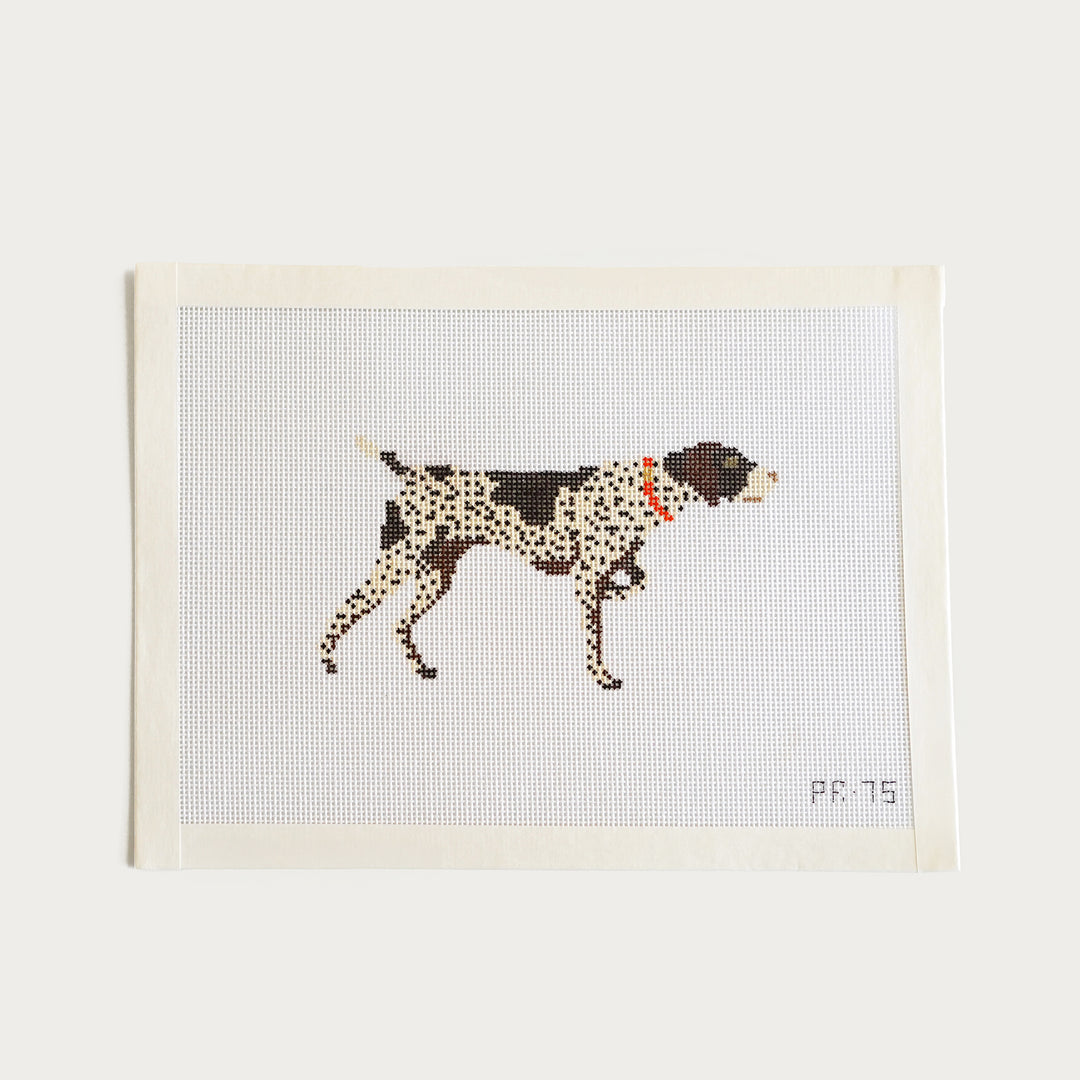 Hand-painted German Shorthaired Pointer needlepoint canvas on 18 mesh, 5.25” x 3” design, featuring a classic sporting dog in elegant detail.