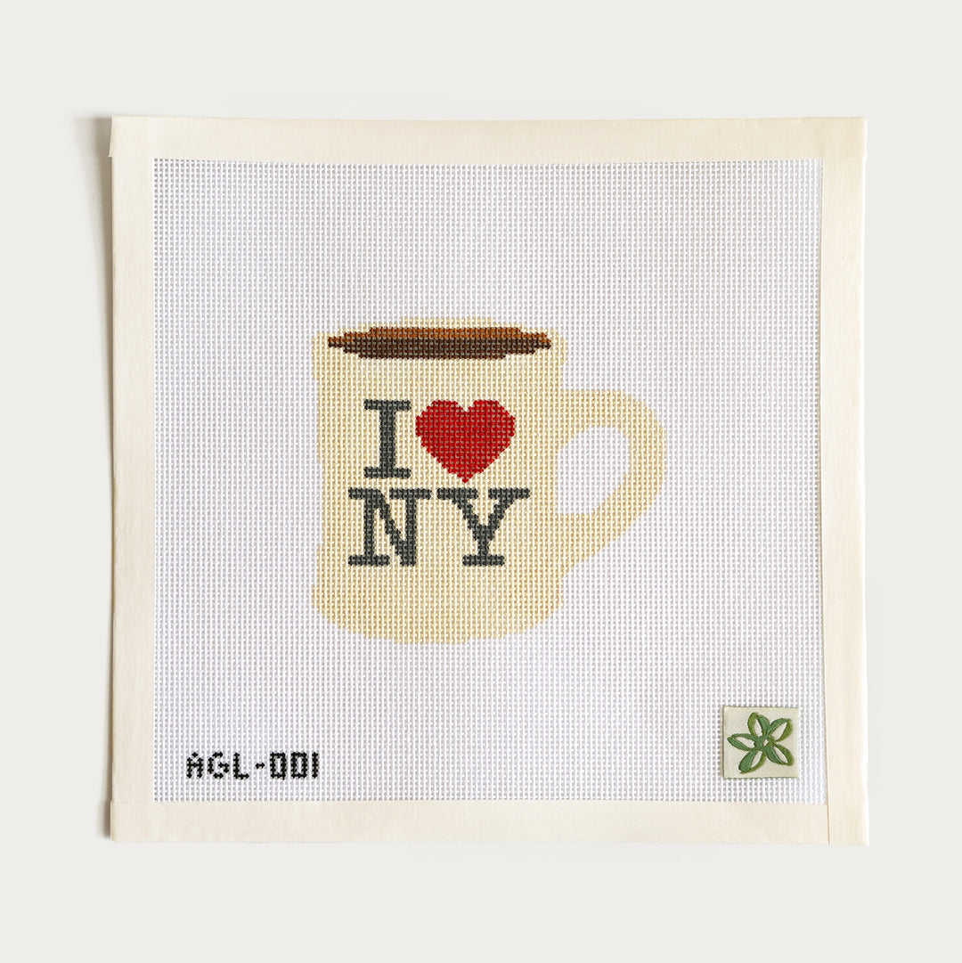 I Heart NYC Mug needlepoint canvas, hand-painted on 18 mesh, 4" x 4", perfect for NYC lovers.