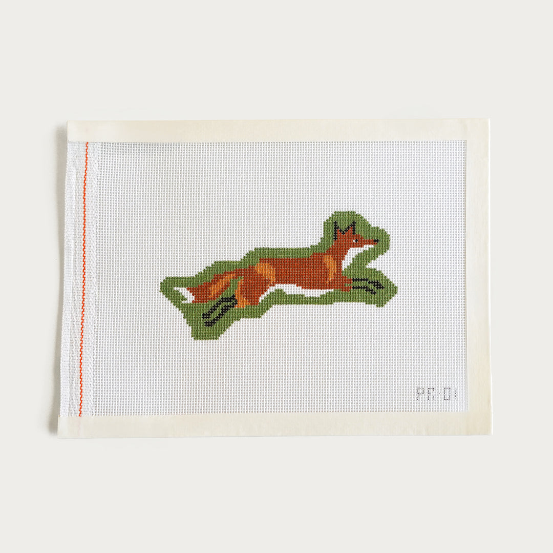 Hand-painted Running Fox needlepoint canvas on 18 mesh, 5” x 3” design, featuring a classic fox hunting motif with rich colors and traditional style.