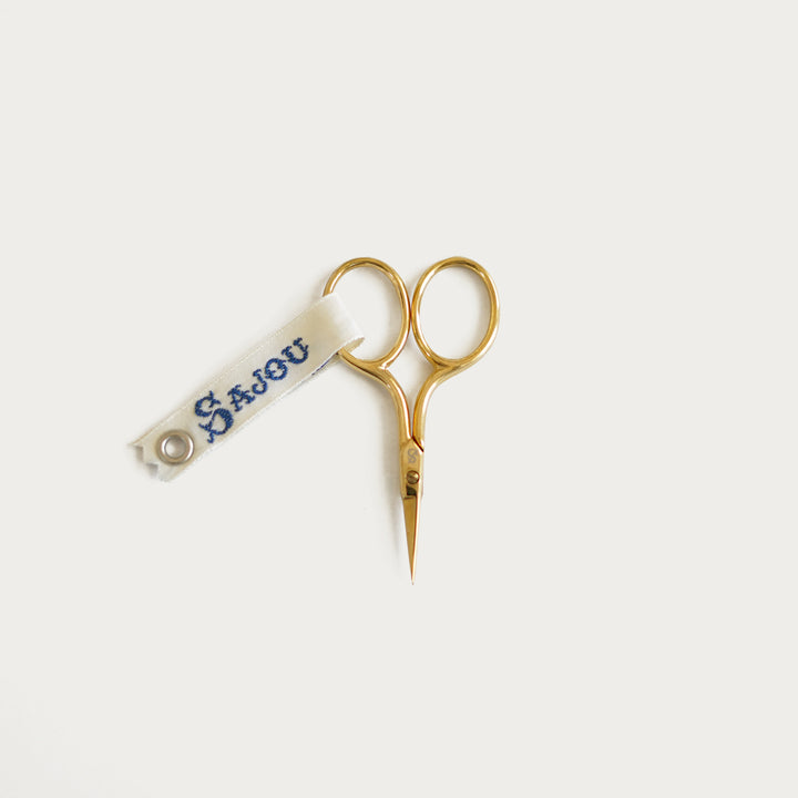 Sajou Flagey gilded miniature embroidery scissors, 2.5", with Sajou ribbon and signature box.