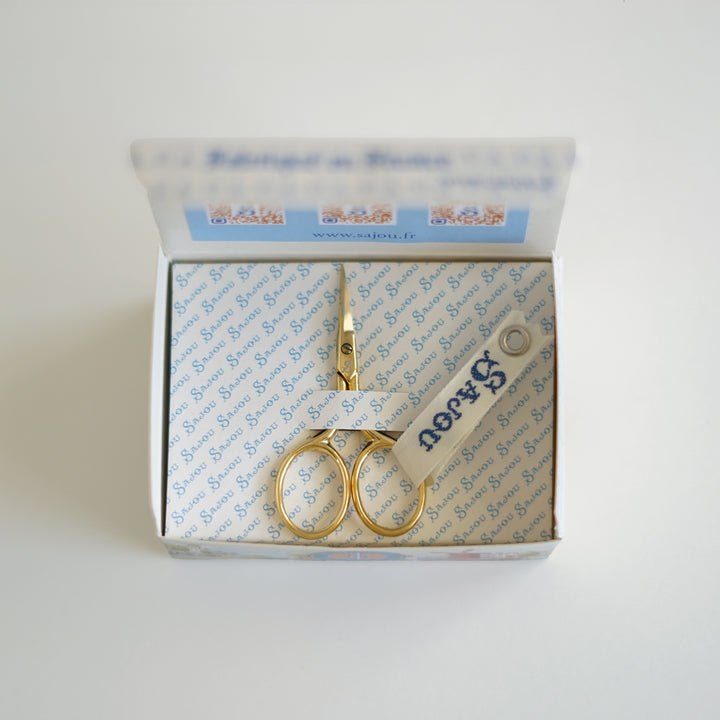 Sajou Flagey gilded miniature embroidery scissors, 2.5", with Sajou ribbon and signature box.