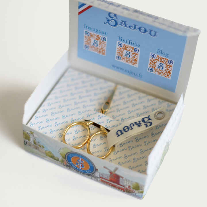 Sajou Flagey gilded miniature embroidery scissors, 2.5", with Sajou ribbon and signature box.