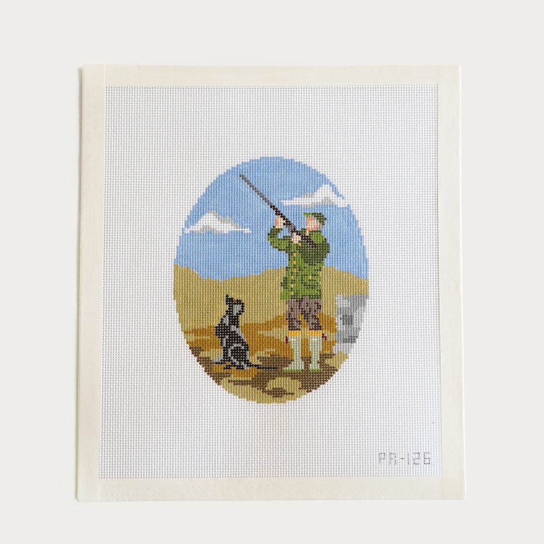Hand-painted upland hunting needlepoint canvas, 5.5" x 4.25" on 18 mesh.