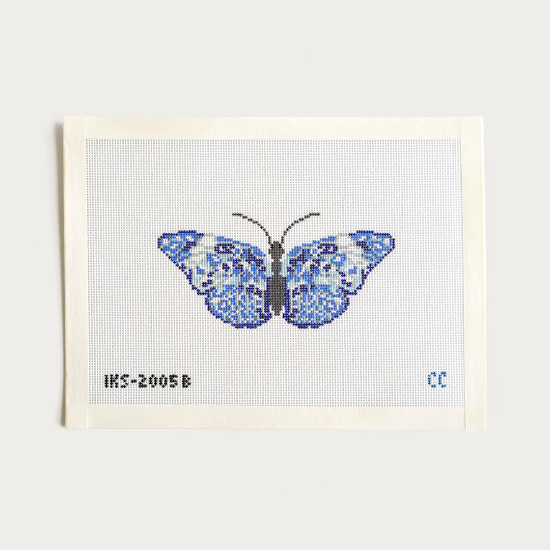 Hand-painted blue butterfly needlepoint ornament canvas on 18 mesh by Initial K Studio