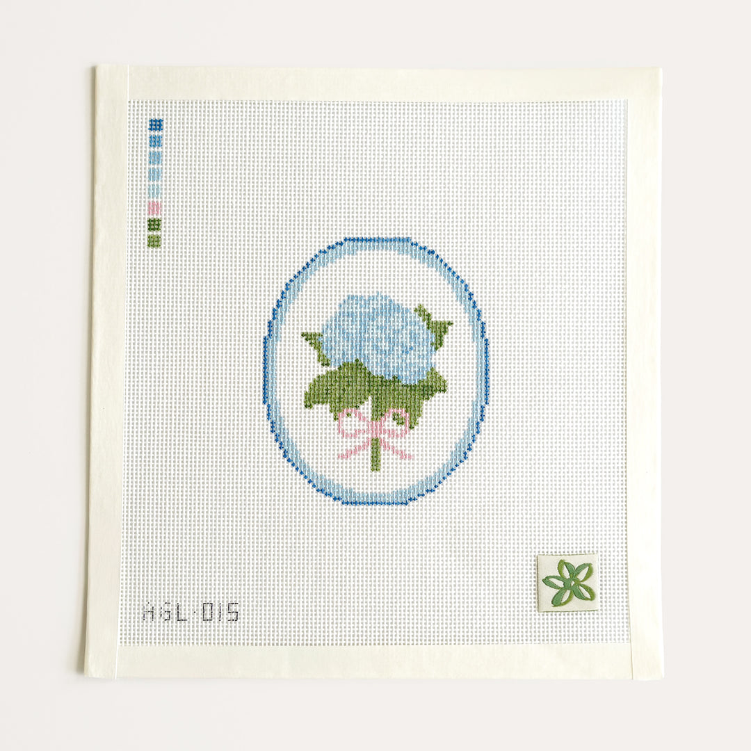 Bunch of Hydrangeas needlepoint canvas hand-painted on 18 mesh with a 4 by 4 inch design area by Dogwood Needlepoint