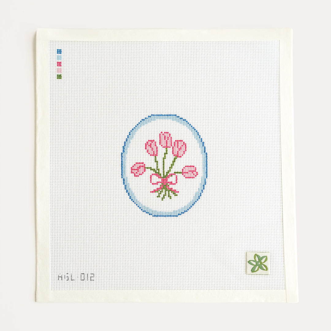 Bunch of Tulips needlepoint canvas hand-painted on 18 mesh with a 4 by 4 inch design area by Dogwood Needlepoint