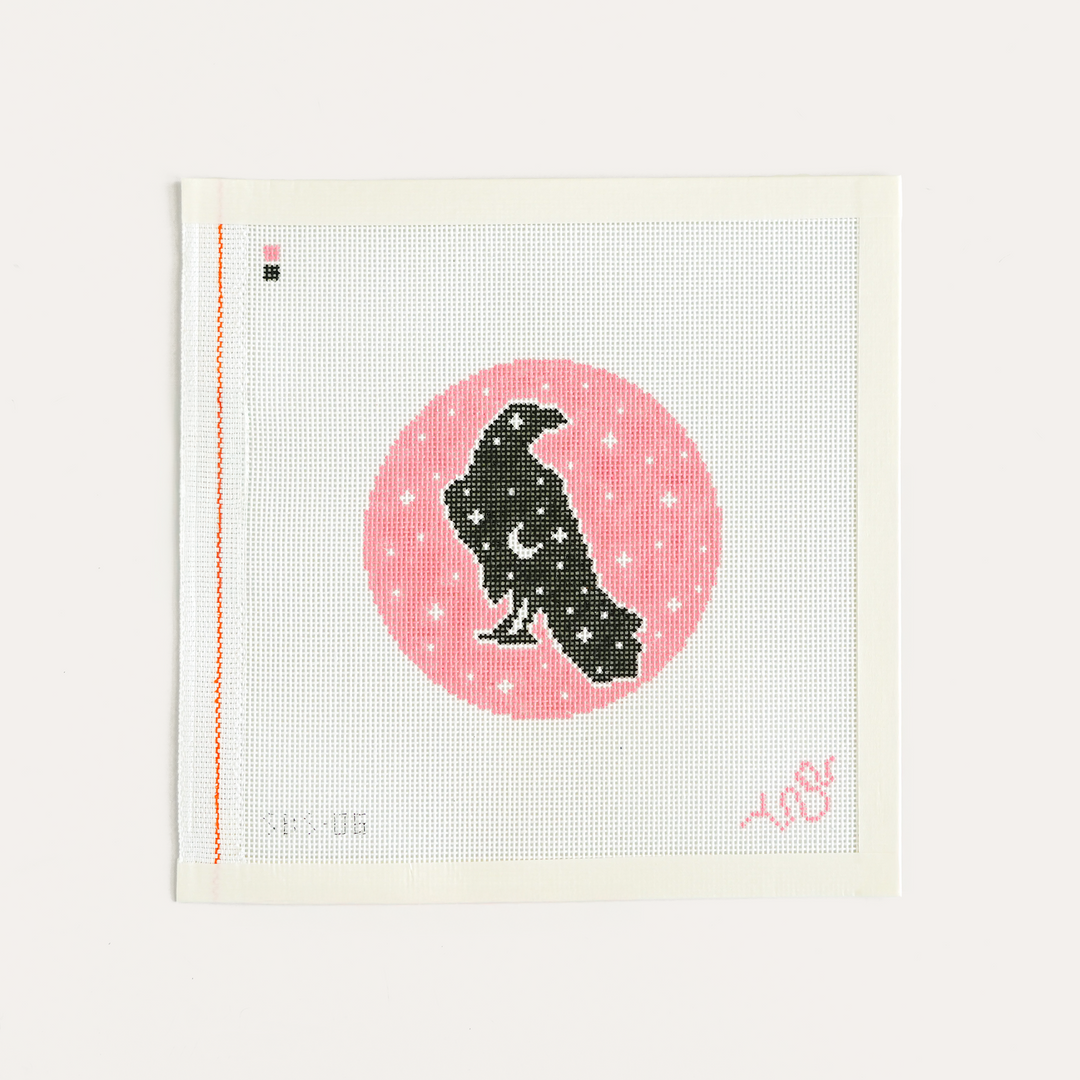 Celestial Raven Halloween needlepoint canvas in 18 mesh by Spellbound Stitchery featuring a detailed raven design