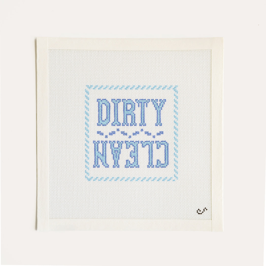 Hand-painted Dirty Clean needlepoint canvas on 18 mesh with playful border design