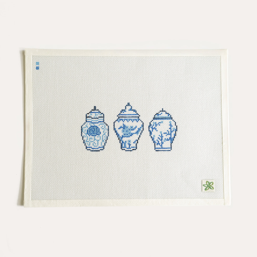 Hand-painted ginger jar trio needlepoint canvas on 13 mesh by Dogwood Needlepoint, 3 by 6 inches