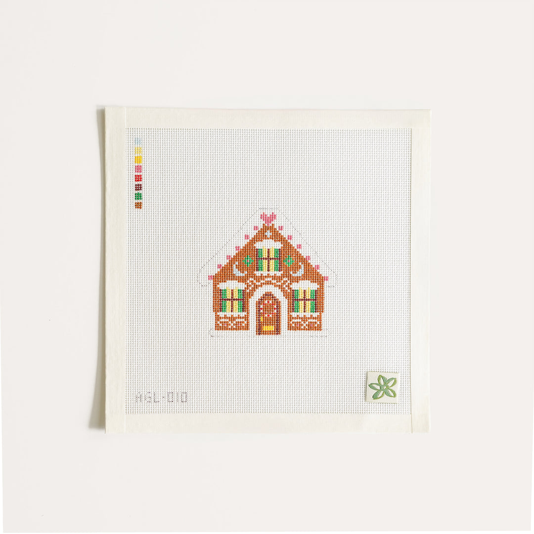 Festive gingerbread house needlepoint canvas by Dogwood Needlepoint on 18 mesh, 4 by 4 inches