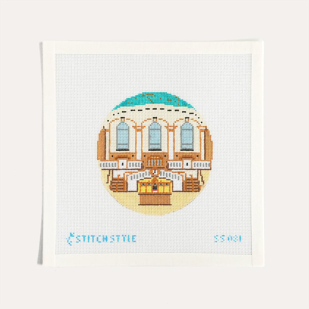 Grand Central Terminal hand painted round needlepoint canvas by Stitch Style on 18 mesh with celestial ceiling