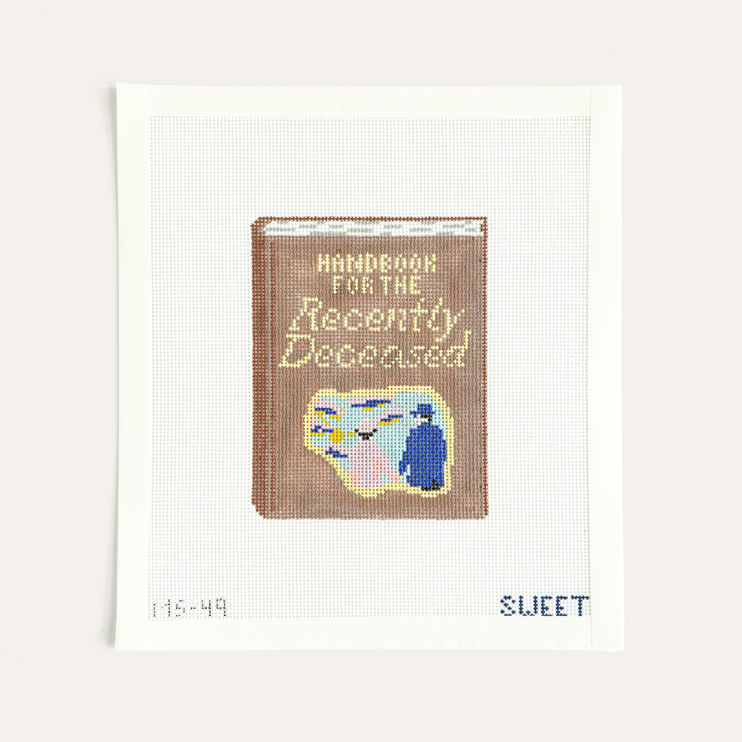 Handbook for the Recently Deceased needlepoint canvas by The Gingham Stitchery on 18 mesh, cult classic design