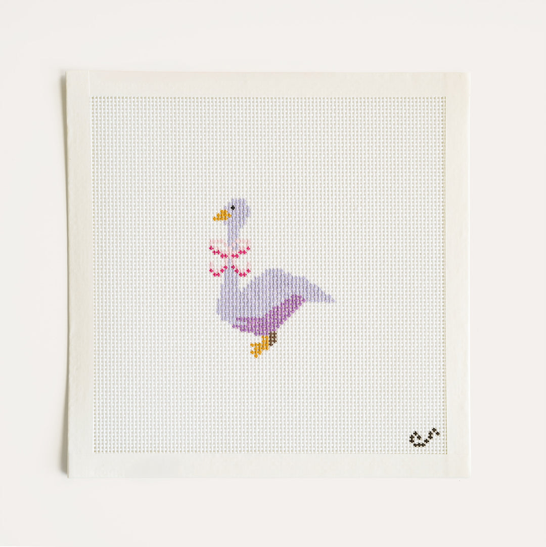 Hand-painted holiday goose needlepoint canvas with festive bow on 13 mesh canvas