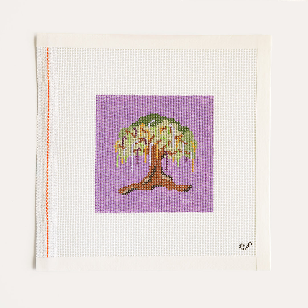 Hand-painted Mardi Gras tree needlepoint canvas on 18 mesh with festive bead details
