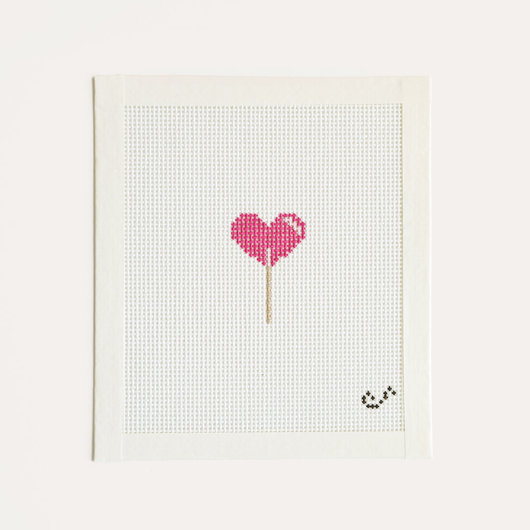 Hand-painted mini heart lollipop needlepoint canvas in pink and red on 13 mesh