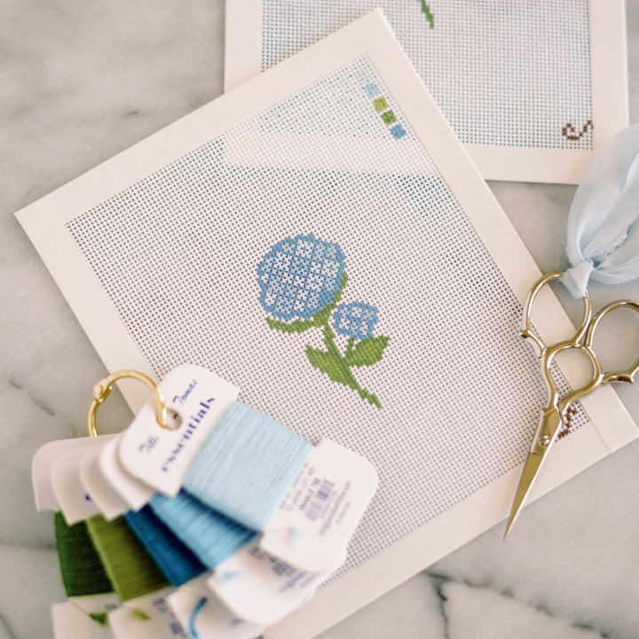 Mini hydrangea needlepoint canvas by A Sunday Shoppe with Tilli Tomas threads