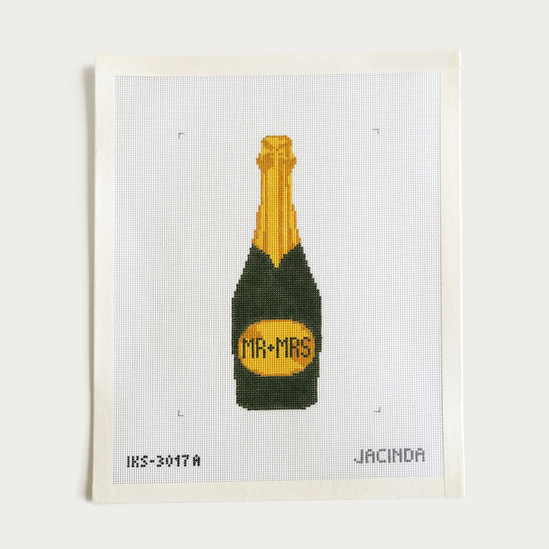 Hand-painted Mr. & Mrs. champagne bottle needlepoint ornament on 18 mesh by Initial K Studio