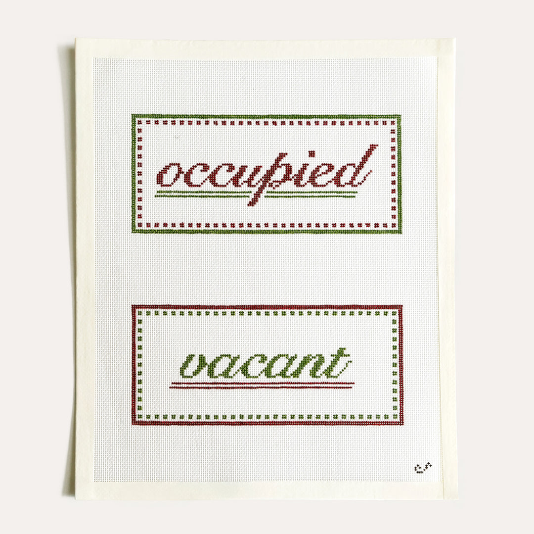 Hand-painted Occupied Vacant needlepoint canvas on 18 mesh, 3 by 7 inches design