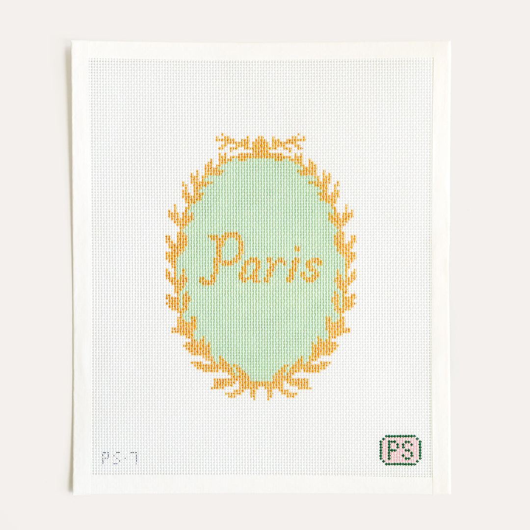 Paris Crest by SLS Needlepoint in gold on pastel green 13 mesh canvas