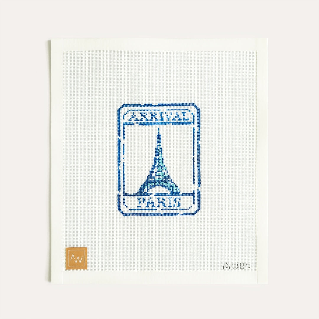 Paris Passport Stamp needlepoint canvas on 18 mesh by Audrey Wu