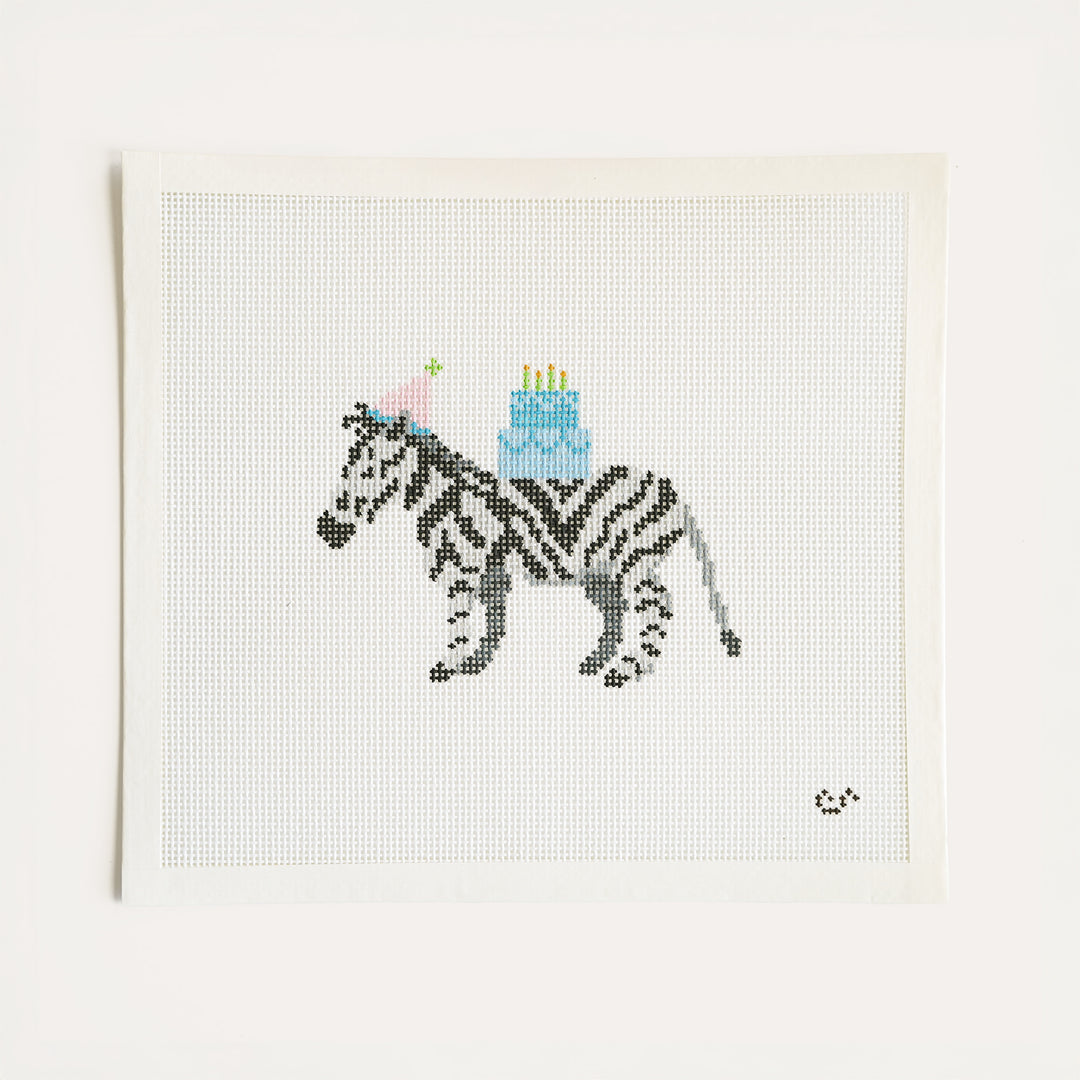 Hand-painted Party Animal Zebra needlepoint canvas wearing a party hat on 13 mesh