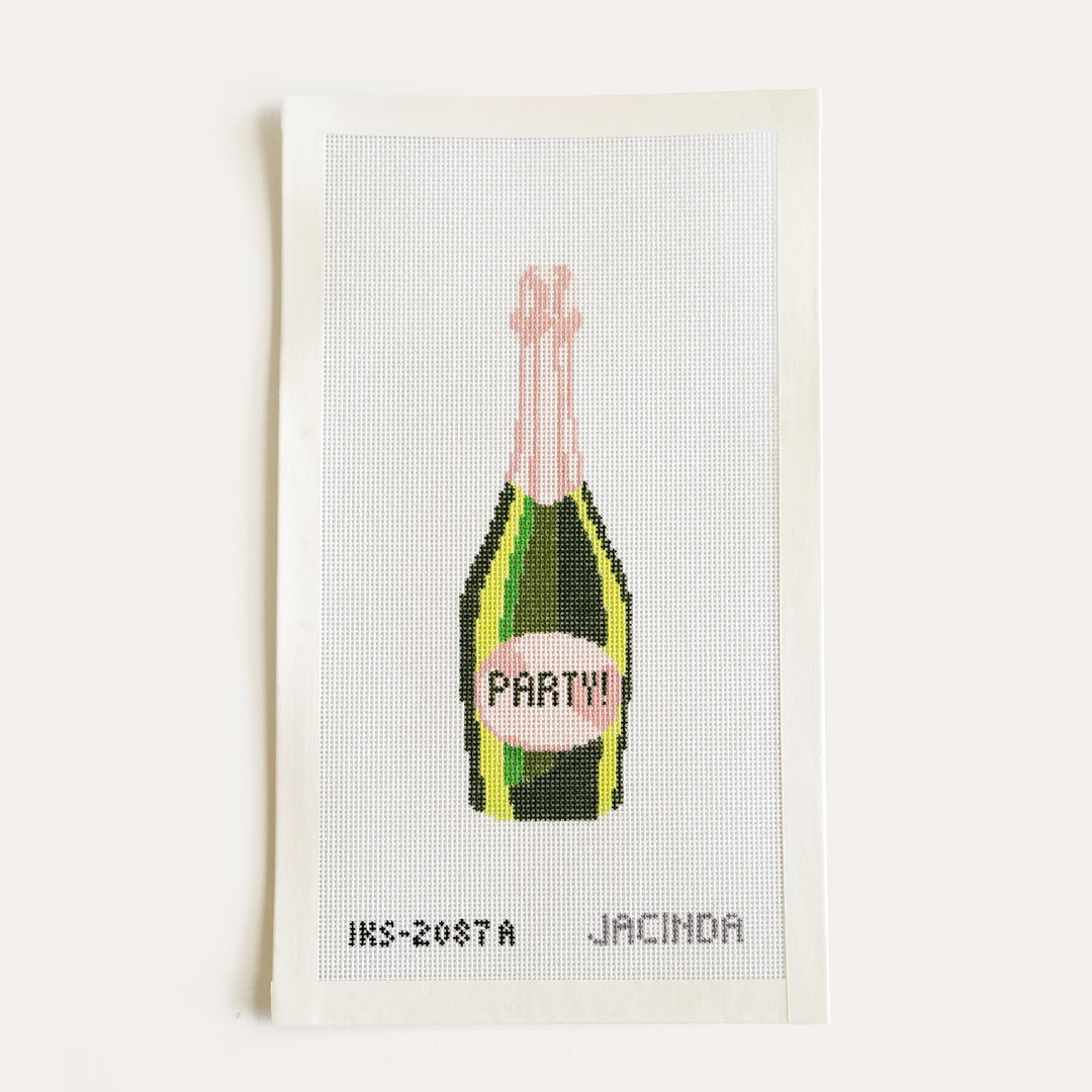 Hand-painted Party champagne bottle needlepoint ornament on 18 mesh canvas by Jacinda Boneau