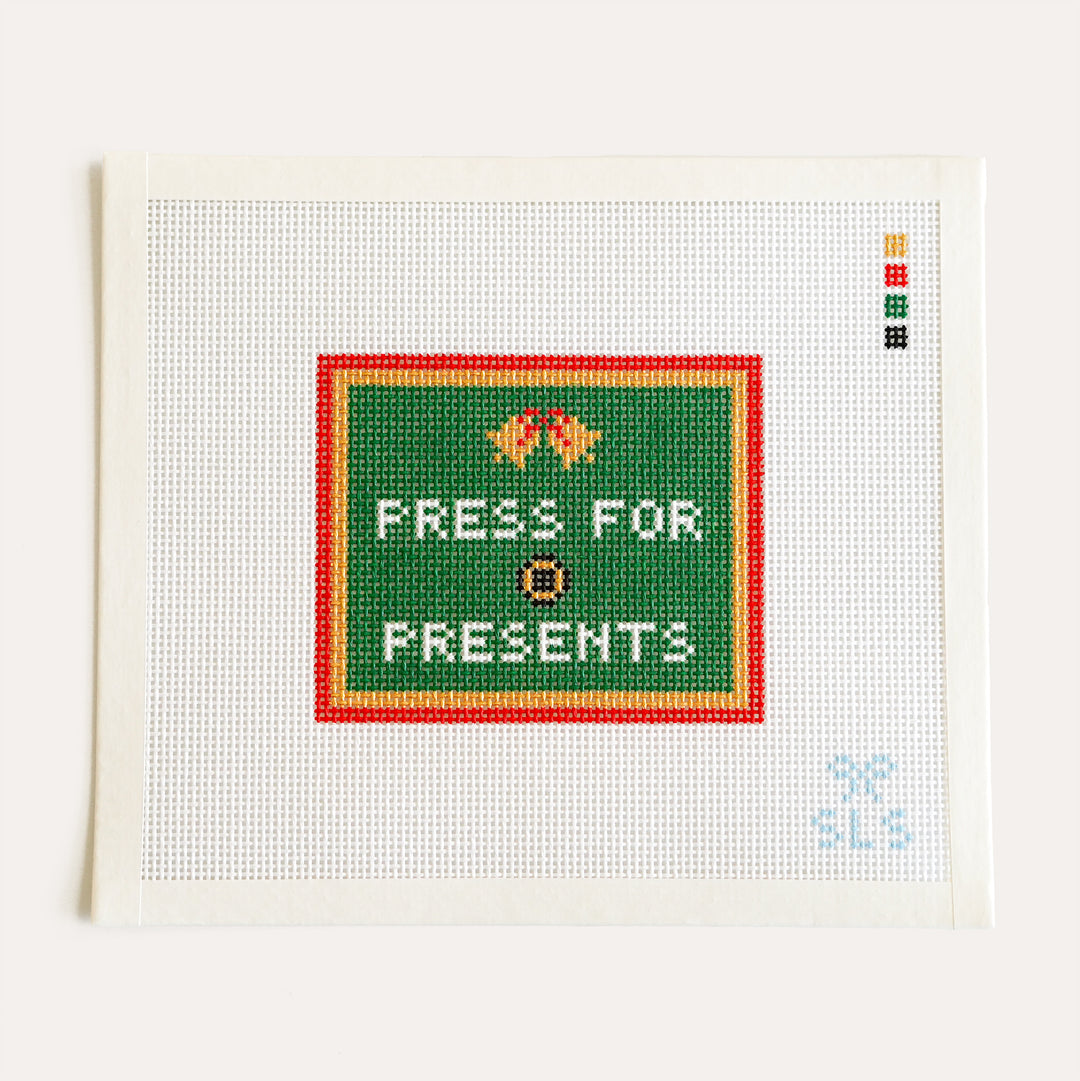 Press For Presents needlepoint canvas by SLS Needlepoint on 13 mesh, design size 4.5 by 3.625 inches