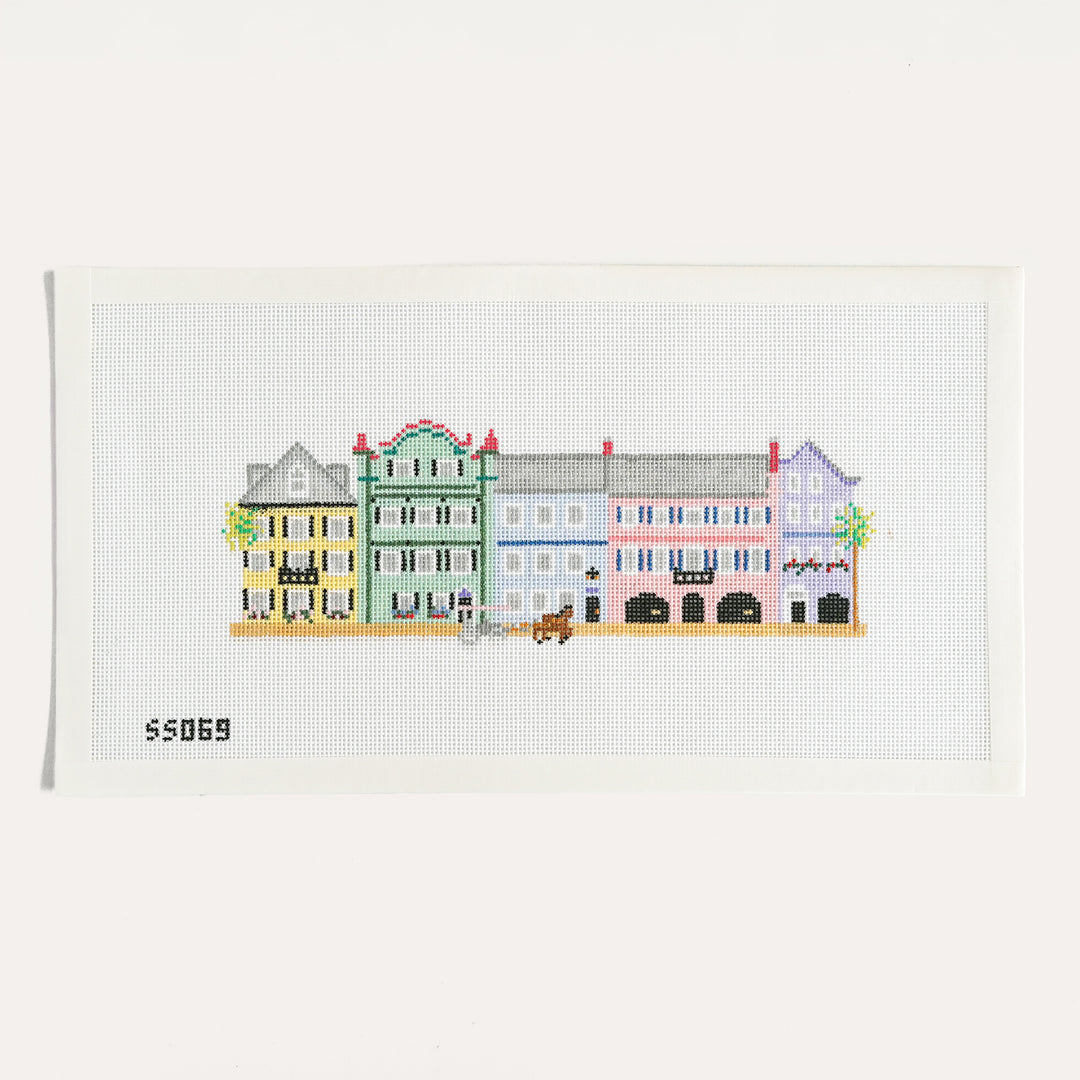 Rainbow Row Charleston hand painted needlepoint canvas by Stitch Style with colorful houses and carriage on 18 mesh