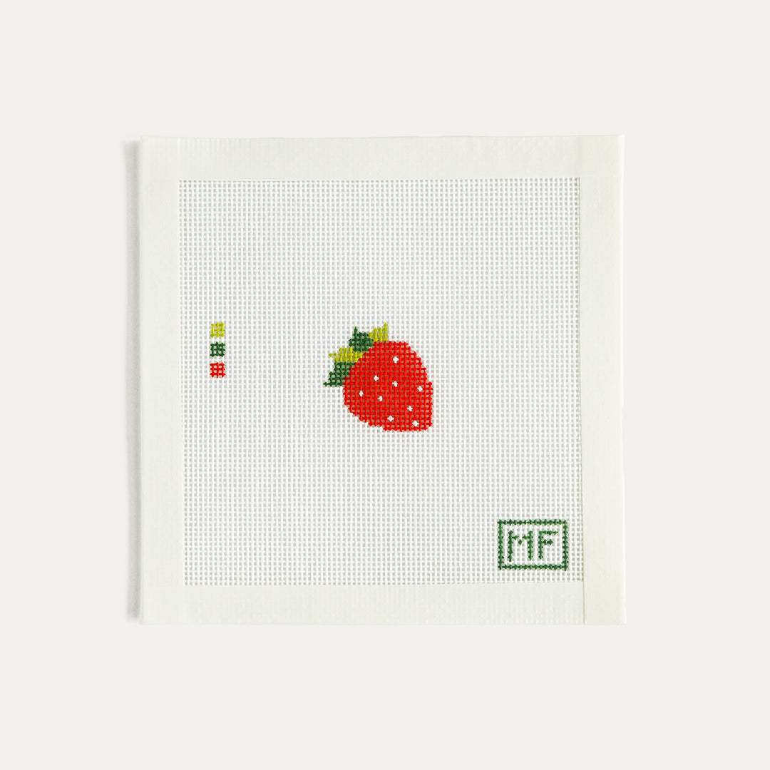 Strawberry Mini needlepoint canvas, 1.25 x 1.25 inch stitch painted design on 18 mesh by MF Needlepoint