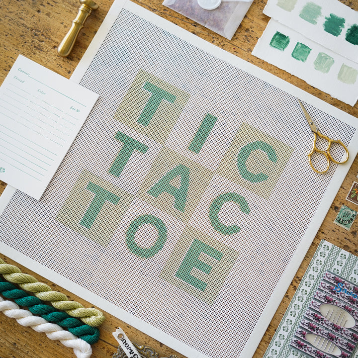 Green Tic-Tac-Toe needlepoint canvas by The Needlepoint Vault on 13 mesh, fun finish for kids
