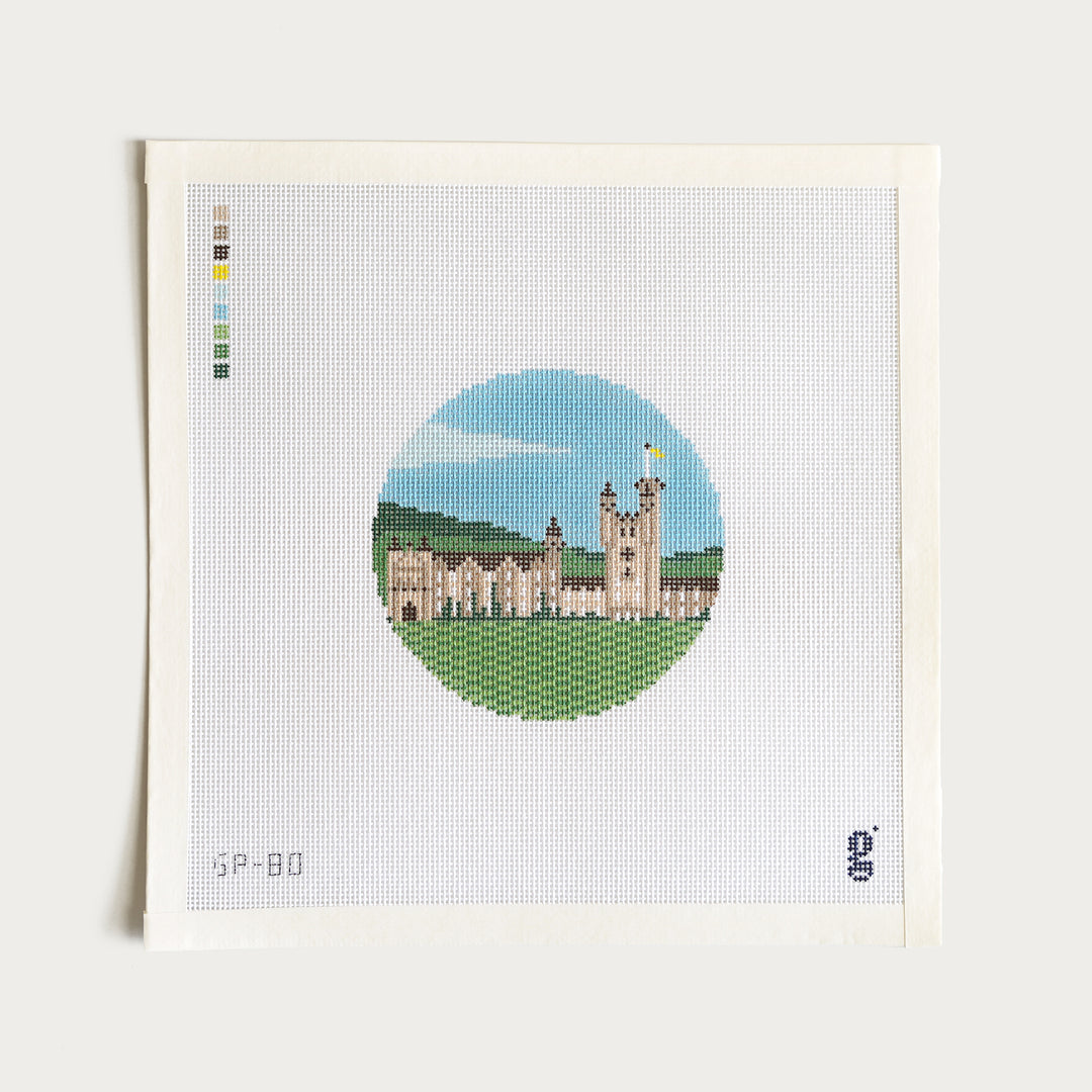 Hand-painted Balmoral Castle needlepoint canvas, 4” round on 18 mesh, inspired by the historic Scottish estate.