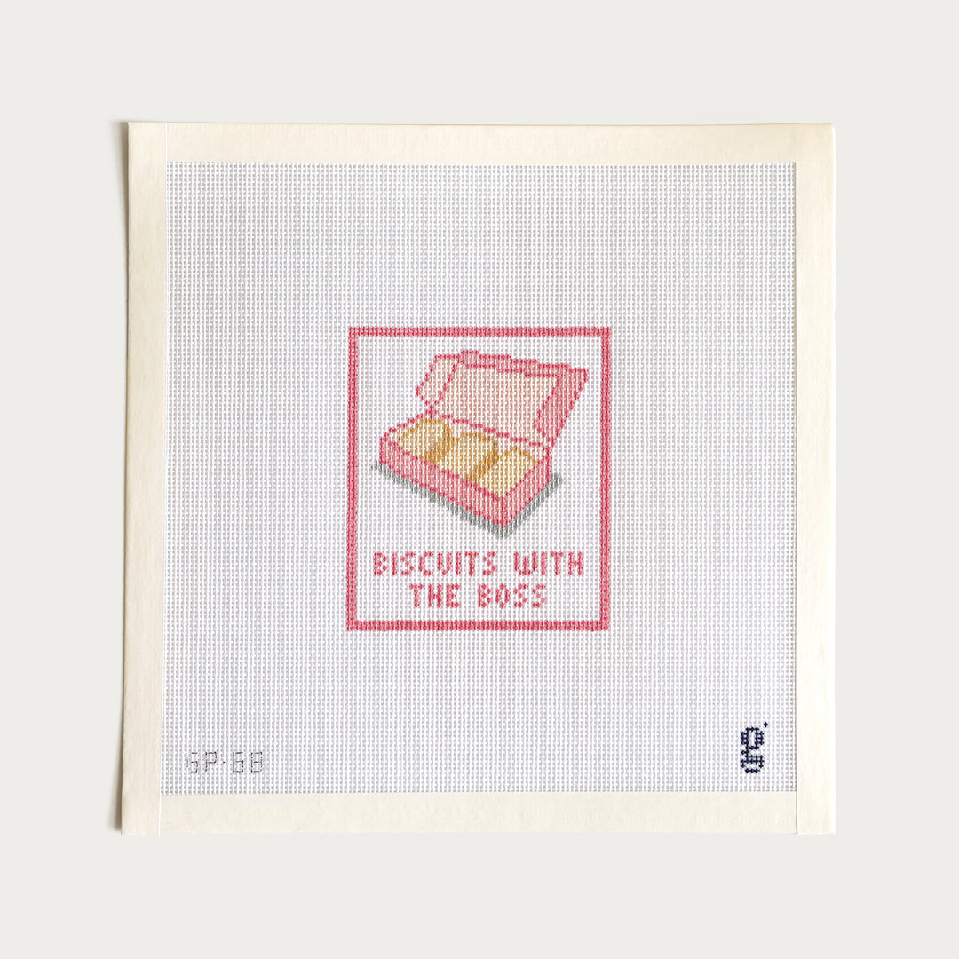 Biscuits with the Boss needlepoint canvas, 18 mesh, 3.25” x 3.75”, inspired by cozy traditions.