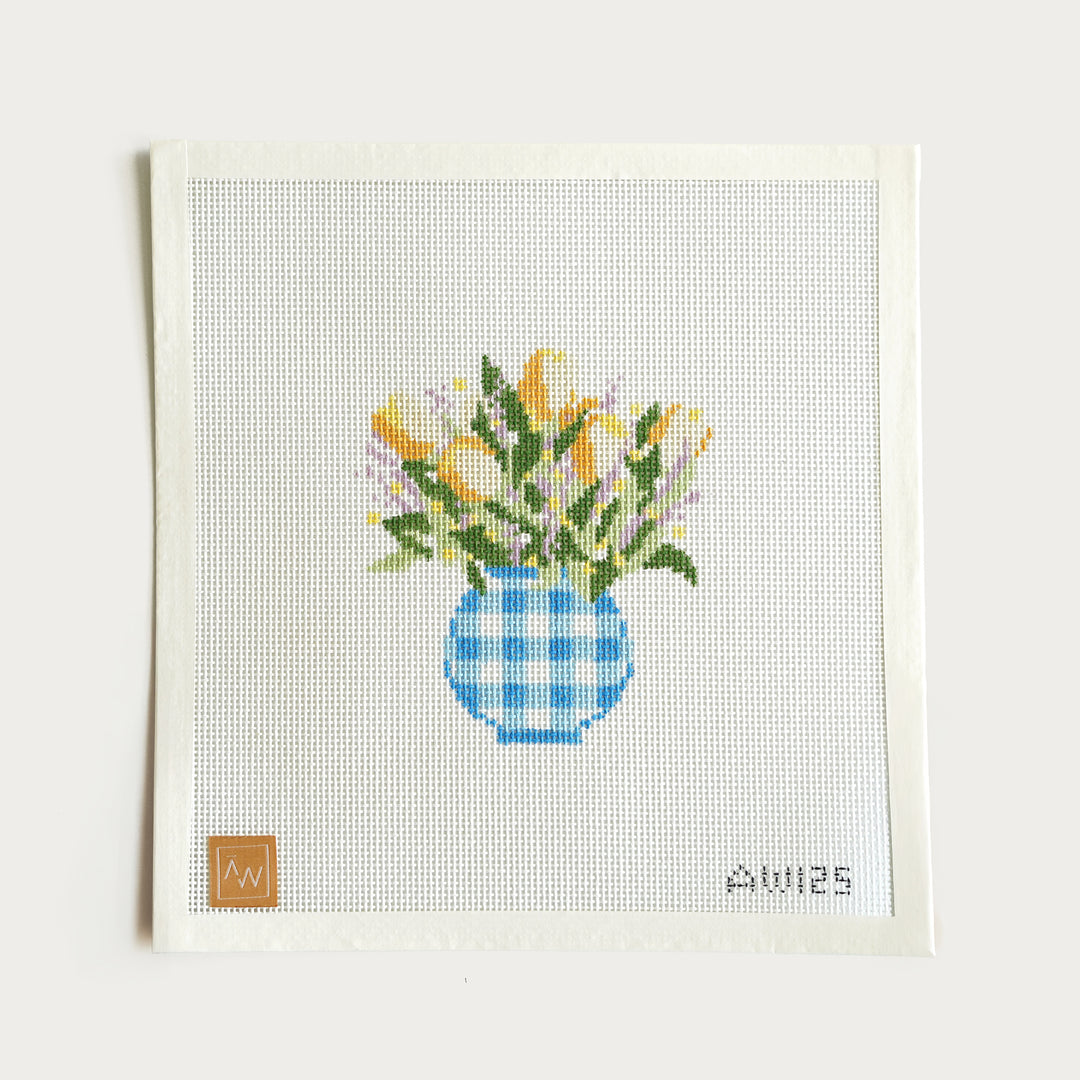 Hand-painted Blue Gingham Vase needlepoint canvas, 4.5” x 5” on 13 mesh, featuring a classic gingham pattern.