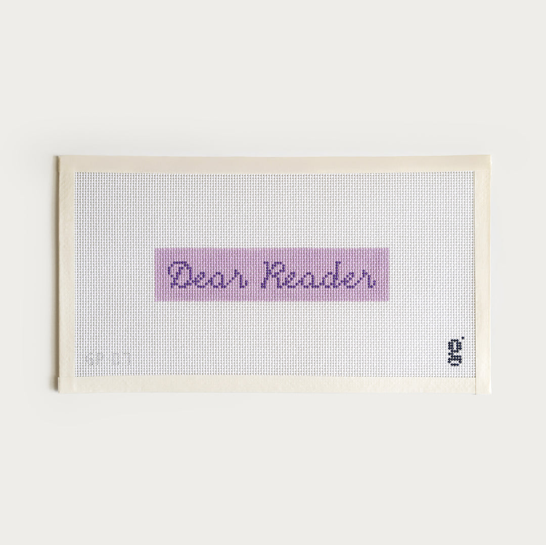 Regency-inspired Dear Reader needlepoint canvas, 13 mesh bookmark or key fob design.