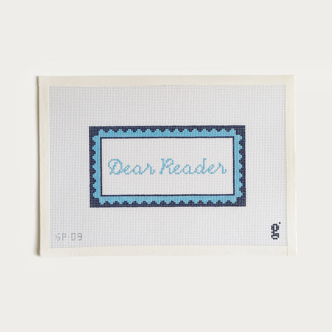 Dear Reader scalloped needlepoint canvas, 13 mesh, 7.5” x 4”, elegant Regency-inspired design.