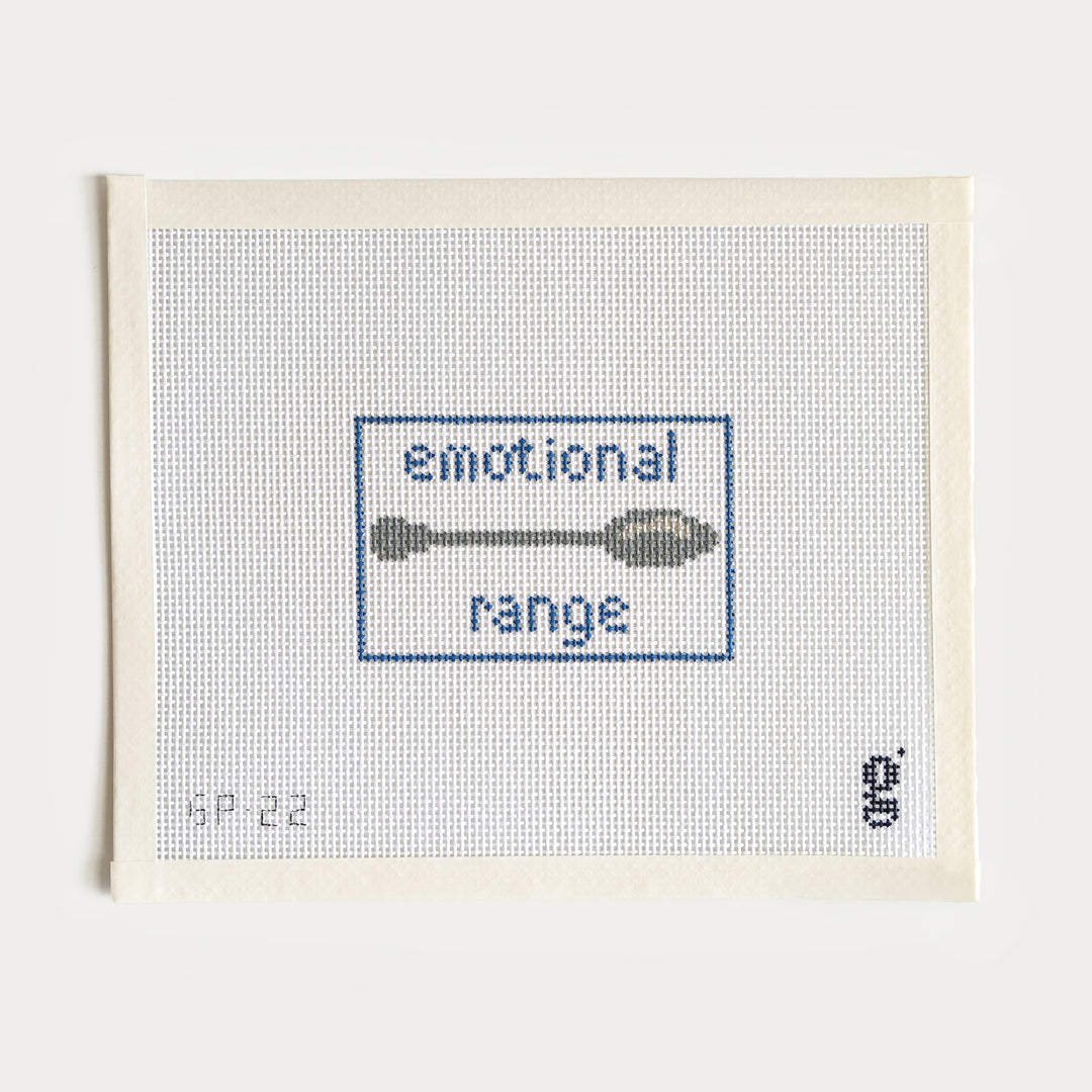 Emotional Range of a Teaspoon needlepoint canvas, 13 mesh, 4.1” x 2.6”, inspired by classic literary humor.