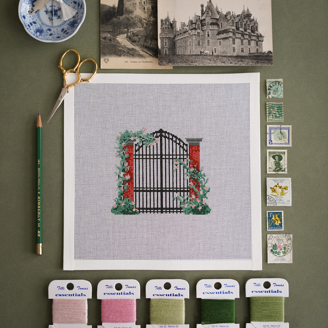 Garden Gate Needlepoint Canvas – Hand-painted 18 mesh canvas by The Needlepoint Vault, featuring a classic garden gate design.