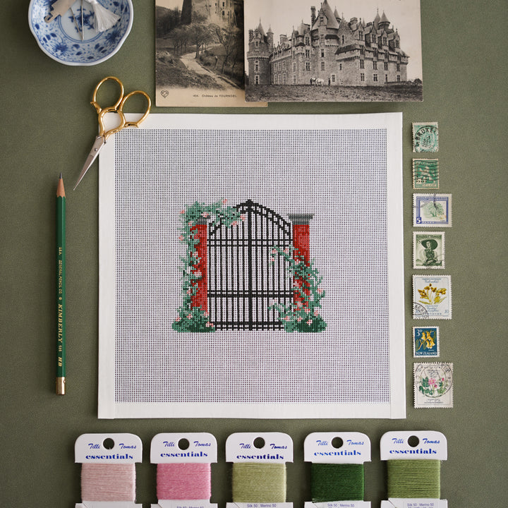 Garden Gate Needlepoint Canvas – Hand-painted 18 mesh canvas by The Needlepoint Vault, featuring a classic garden gate design.