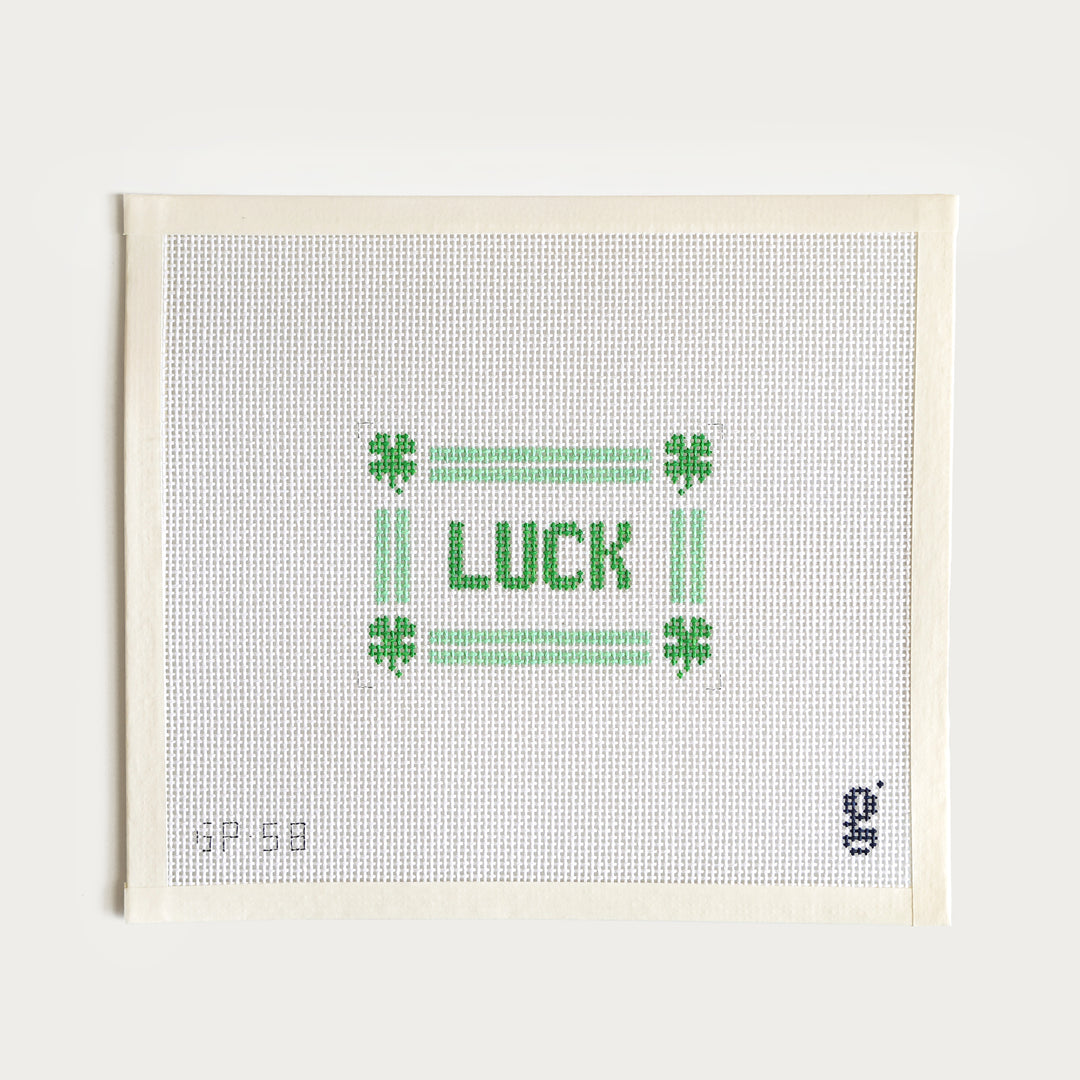 Green LUCK needlepoint canvas, 4.2” x 3” on 13 mesh, stitch-painted design.