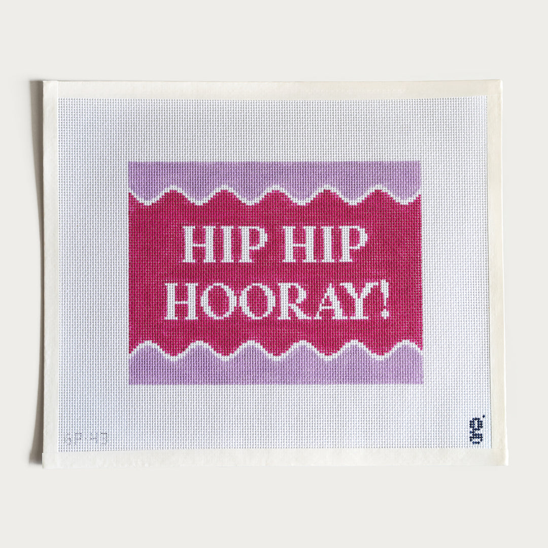 Hip Hip Hooray needlepoint canvas, 13 mesh, 8.6” x 6.5”, featuring a festive purple and pink design.