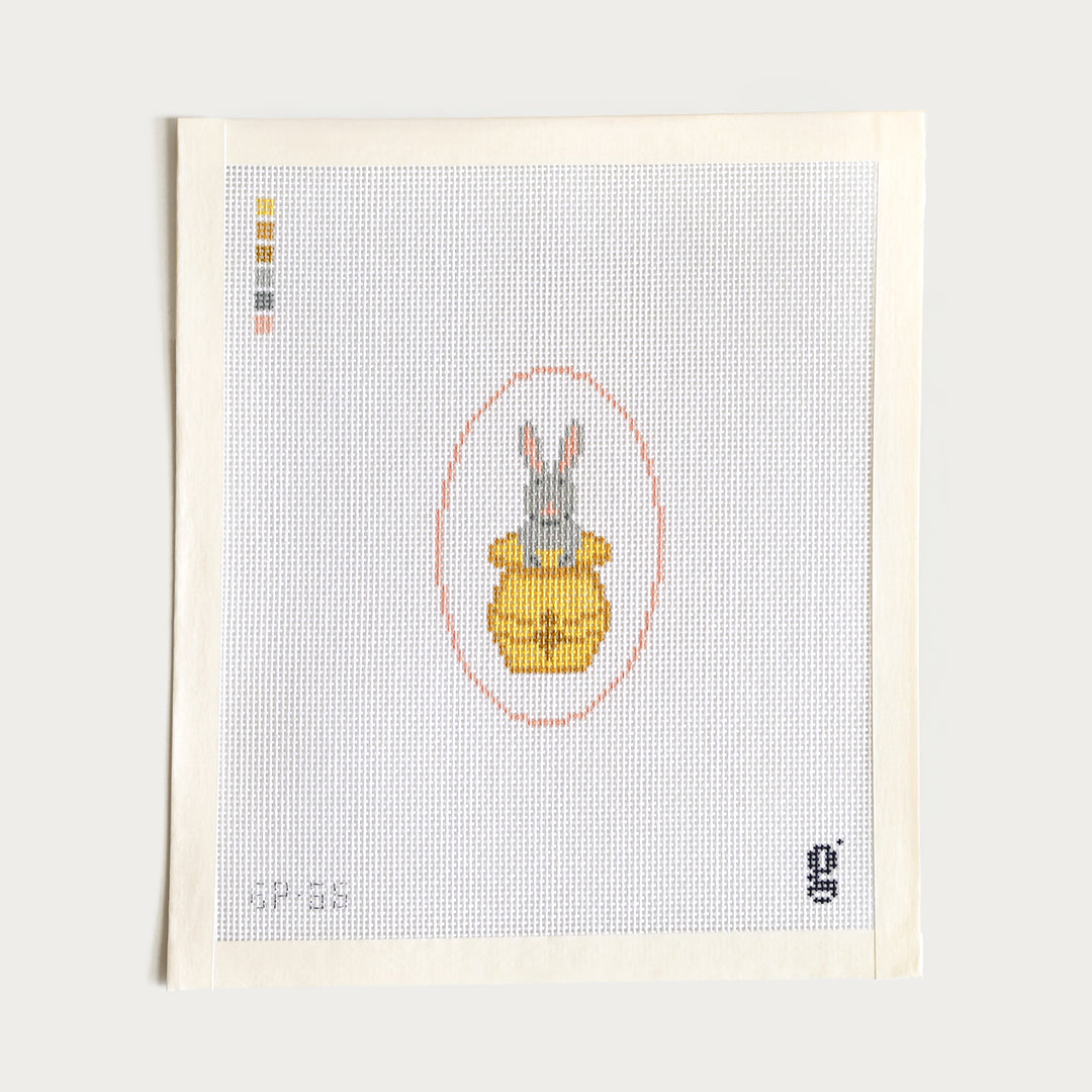 Honey Bunny needlepoint canvas, 2.2” x 3.4” on 18 mesh, featuring a bunny in a honey pot.