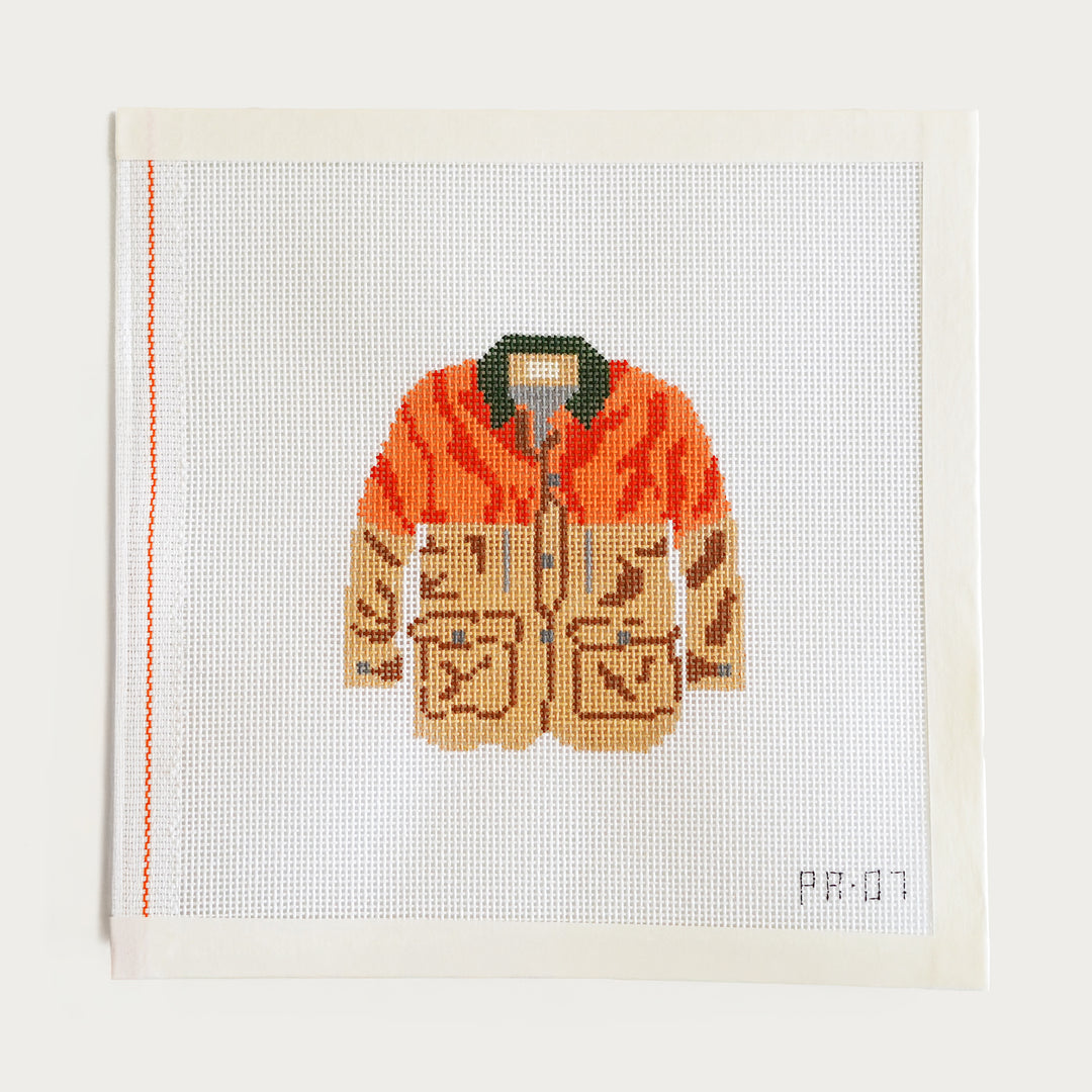 Hand-painted waxed field coat needlepoint canvas, 3" x 4" on 18 mesh by Pip & Roo.