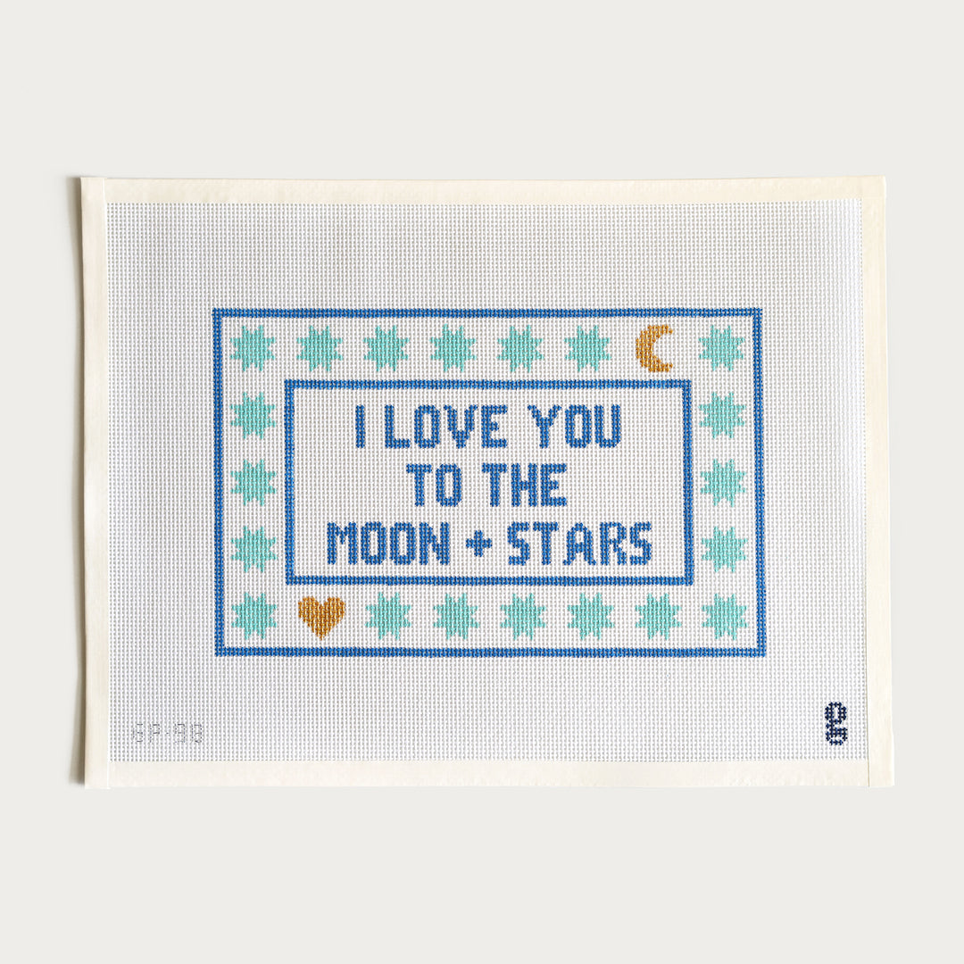 I Love You to the Moon and Stars needlepoint canvas, 6.25” x 10” on 13 mesh, featuring a celestial design perfect for a nursery.