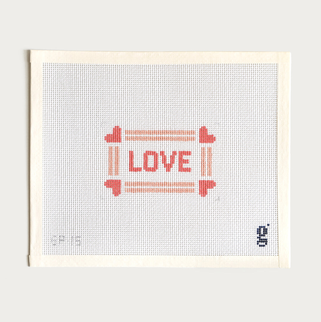 Pink LOVE needlepoint canvas, 4.25” x 2.75” on 13 mesh, perfect for Valentine’s Day stitching.