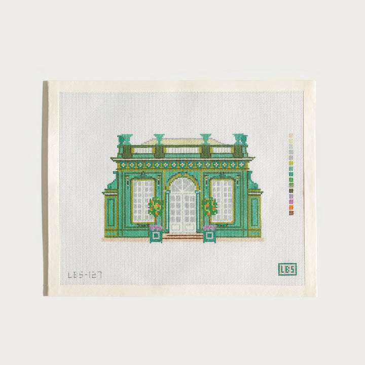 Le Pavillon Frais needlepoint canvas, 6.5" x 4.5" on 18 mesh, featuring a French garden pavilion.
