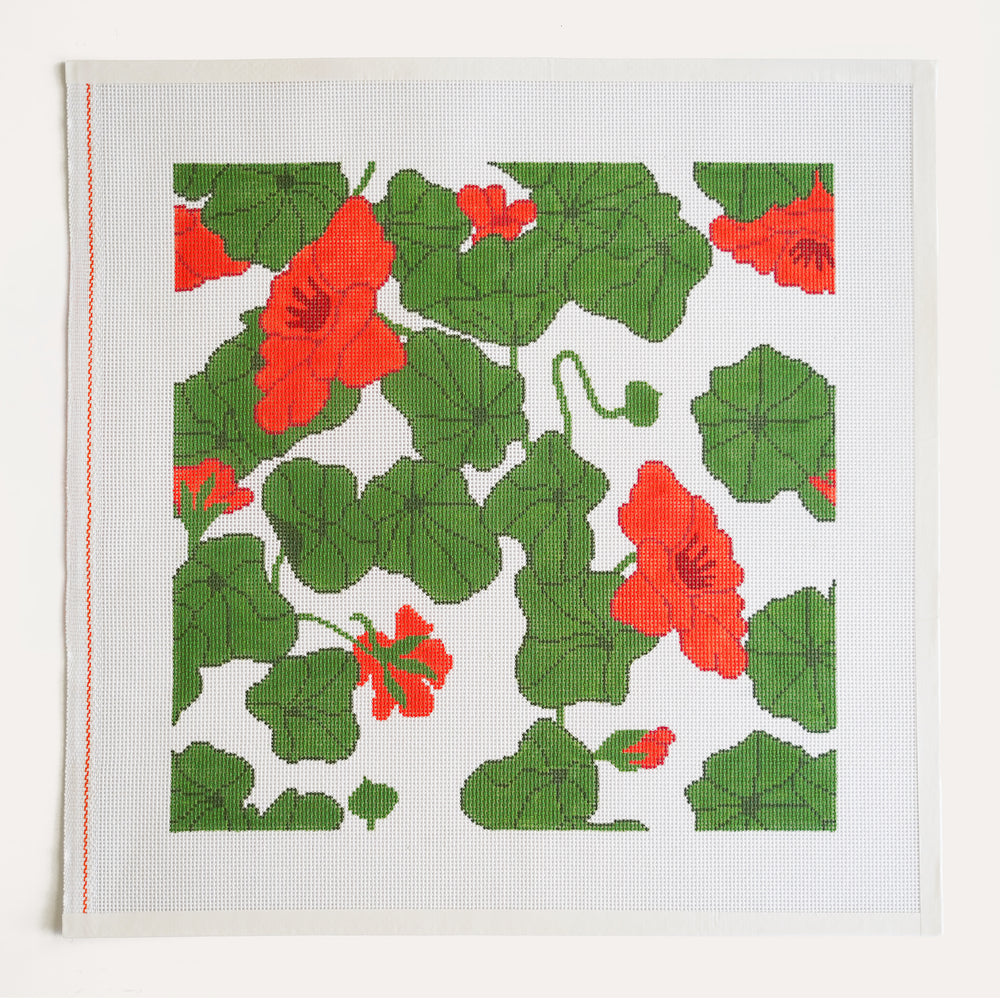 Hand-painted Nasturtiums needlepoint canvas on 13 mesh, 14” x 14” design, featuring bold, trailing flowers in a botanical-inspired composition.