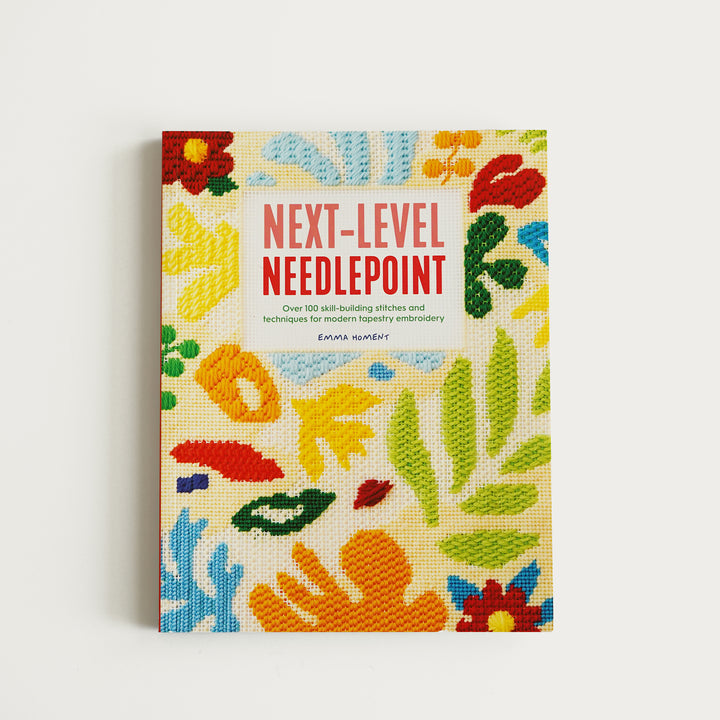 Next-Level Needlepoint book cover by Emma Homent featuring over 100 decorative needlepoint stitches and modern project ideas