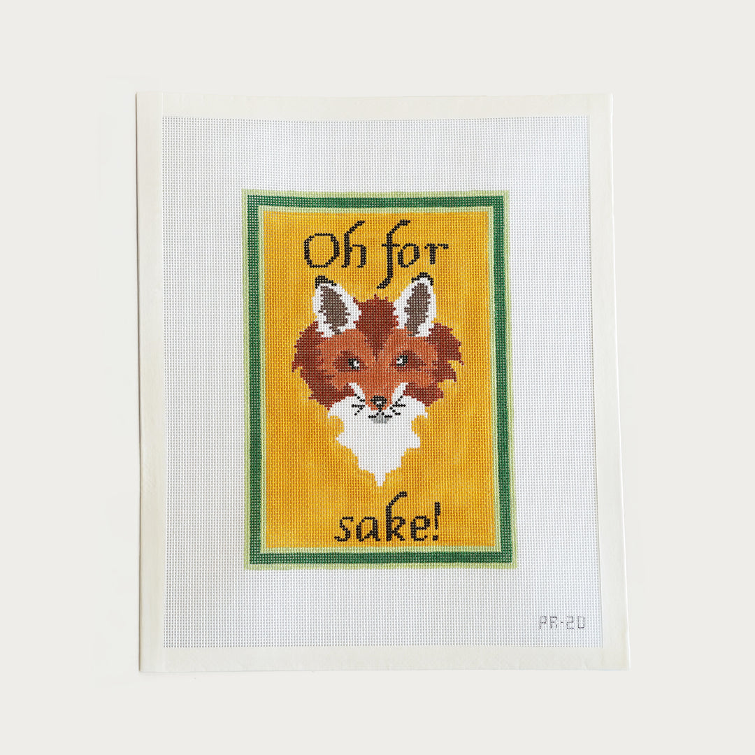 Green and yellow needlepoint canvas featuring a fox with "Oh For Fox Sake!" text, hand-painted on 18 mesh.