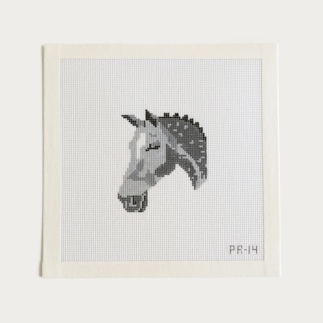 Hand-painted dapple gray horse needlepoint canvas, 2.5" x 3" on 18 mesh.